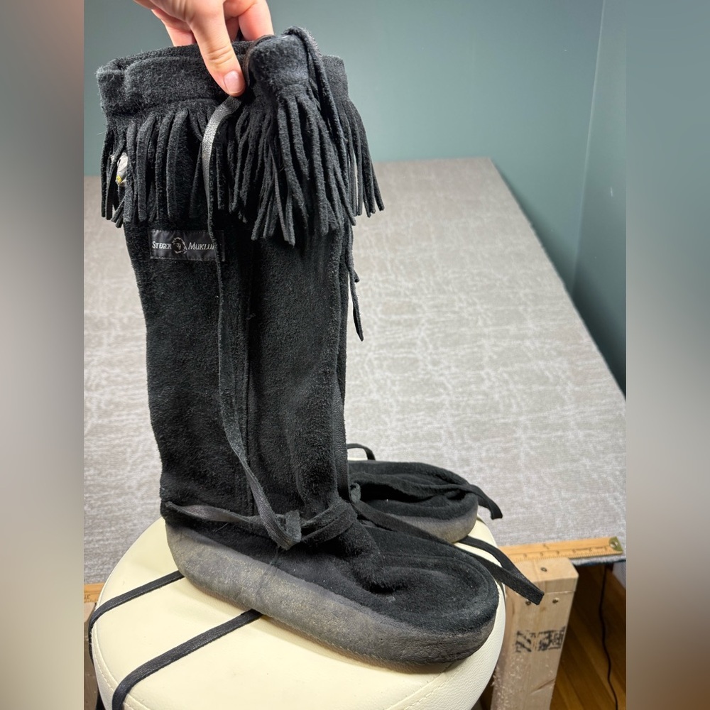 Steger MukLuks Black Moose Hide Suede Tall Fringe Tie Boot Size 9